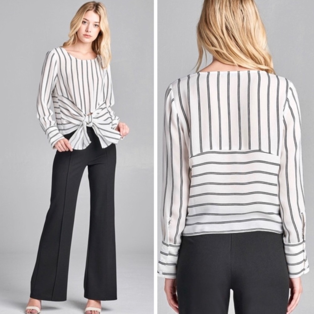 Striped bottom tie long sleeve blouse - Picture 2 of 4